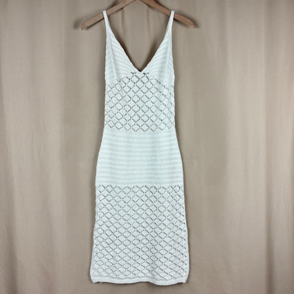 Cream Crochet Knit Halter Slip Sweater Dress S Boho Cottagecore Coastal Beach - Picture 2 of 13